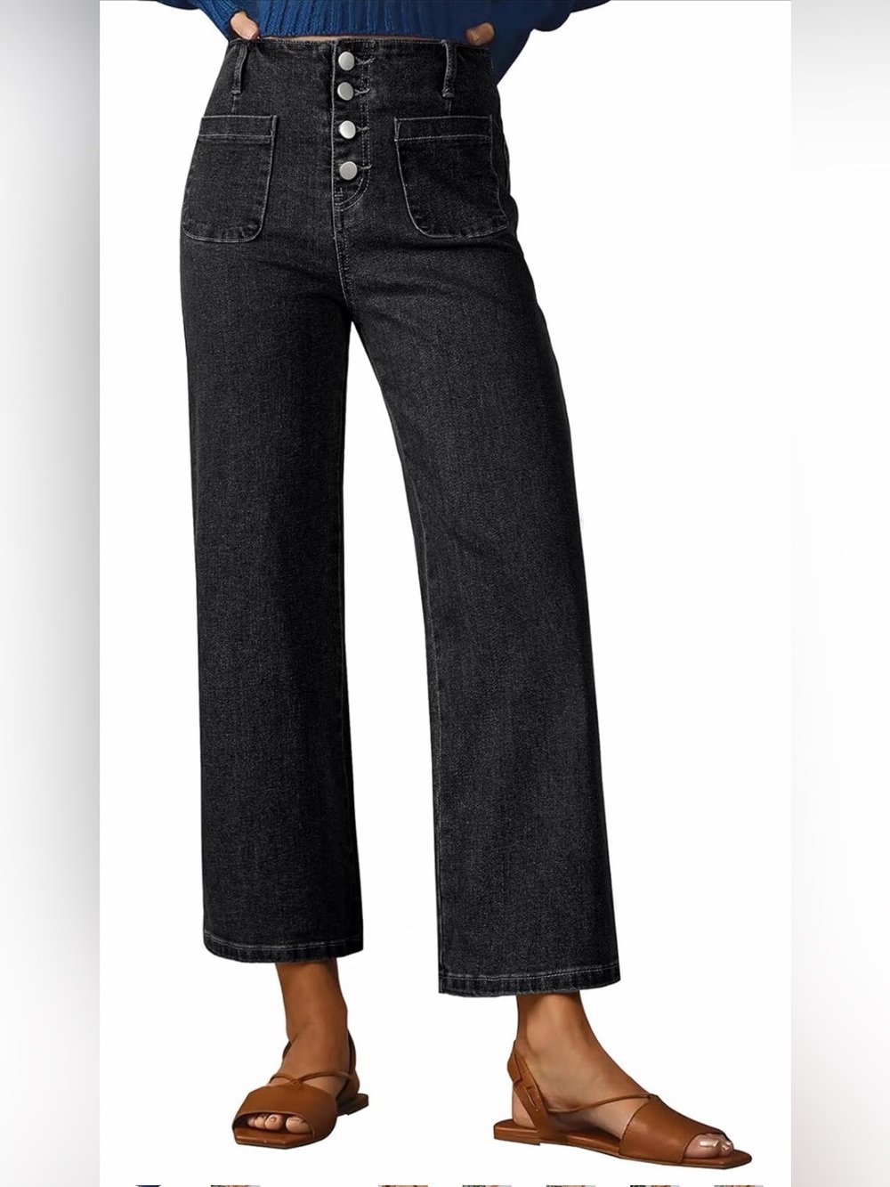 High-Waist Black Women's Wide Leg Jeans with Front Button Detail